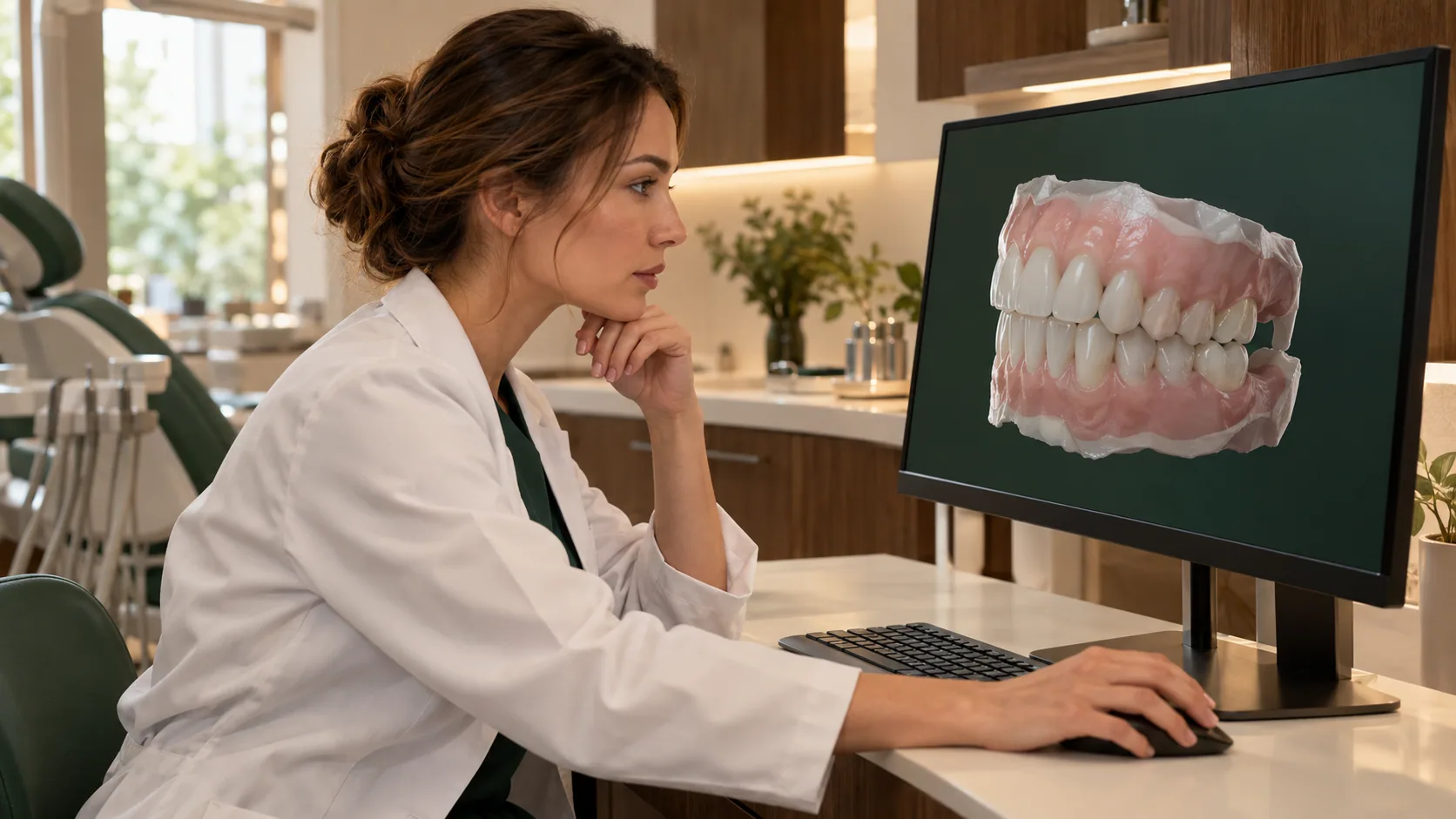 Dentista analisando um planejamento odontológico em um monitor