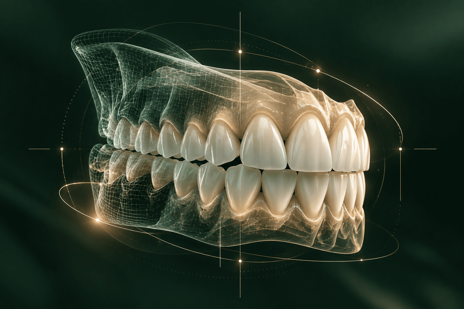 Arcada dentária tridimensional representando planejamento odontológico digital